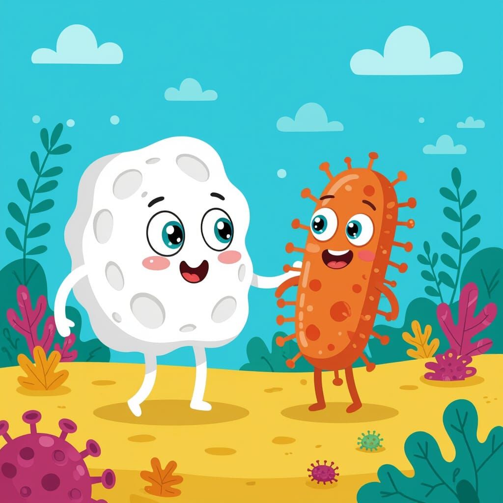 Cartoon Neutrophil and Bacterium as Unlikely Friends