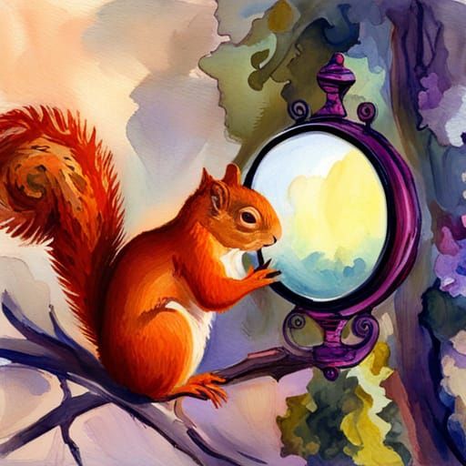 Squirrel Gazing at Reflection: Gouache Watercolor Painting