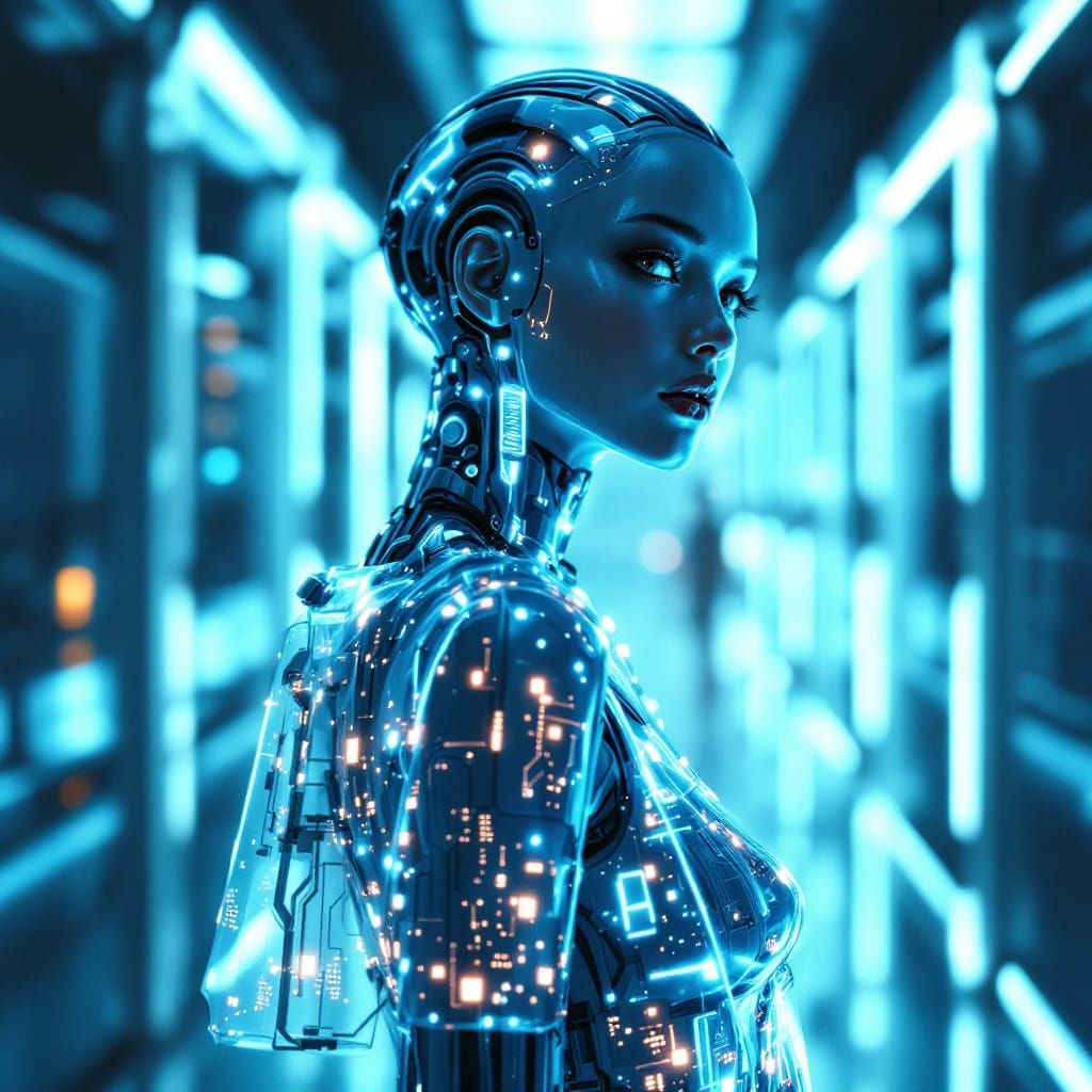 Cyborg in Glowing Circuit Dress - Sci-Fi Concept Art