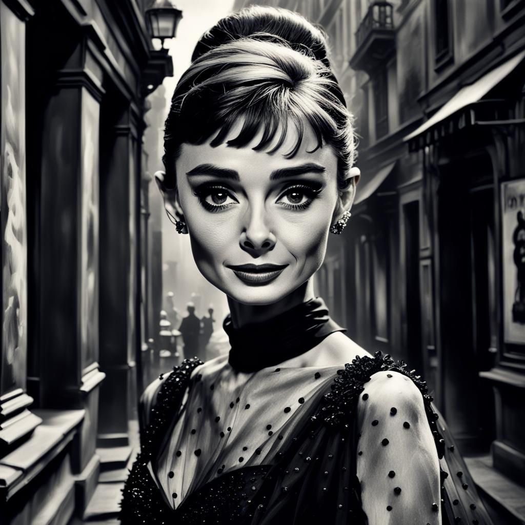 Artistic portrait of Audrey Hepburn as taken by Annie Leibovitz. Monochrome, candid, noir, alluring, gorgeous, babydoll ...