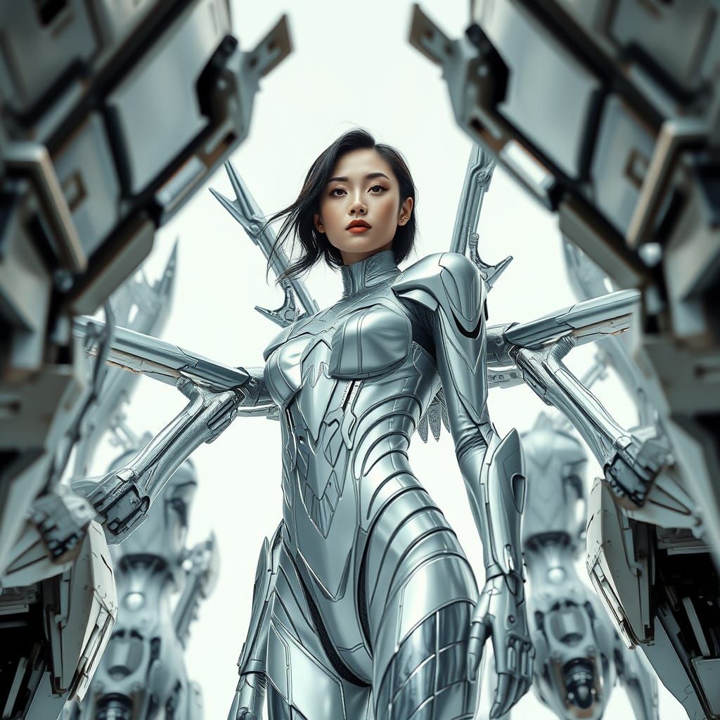 Futuristic East Asian Woman with Spider Wings in Dystopian S...