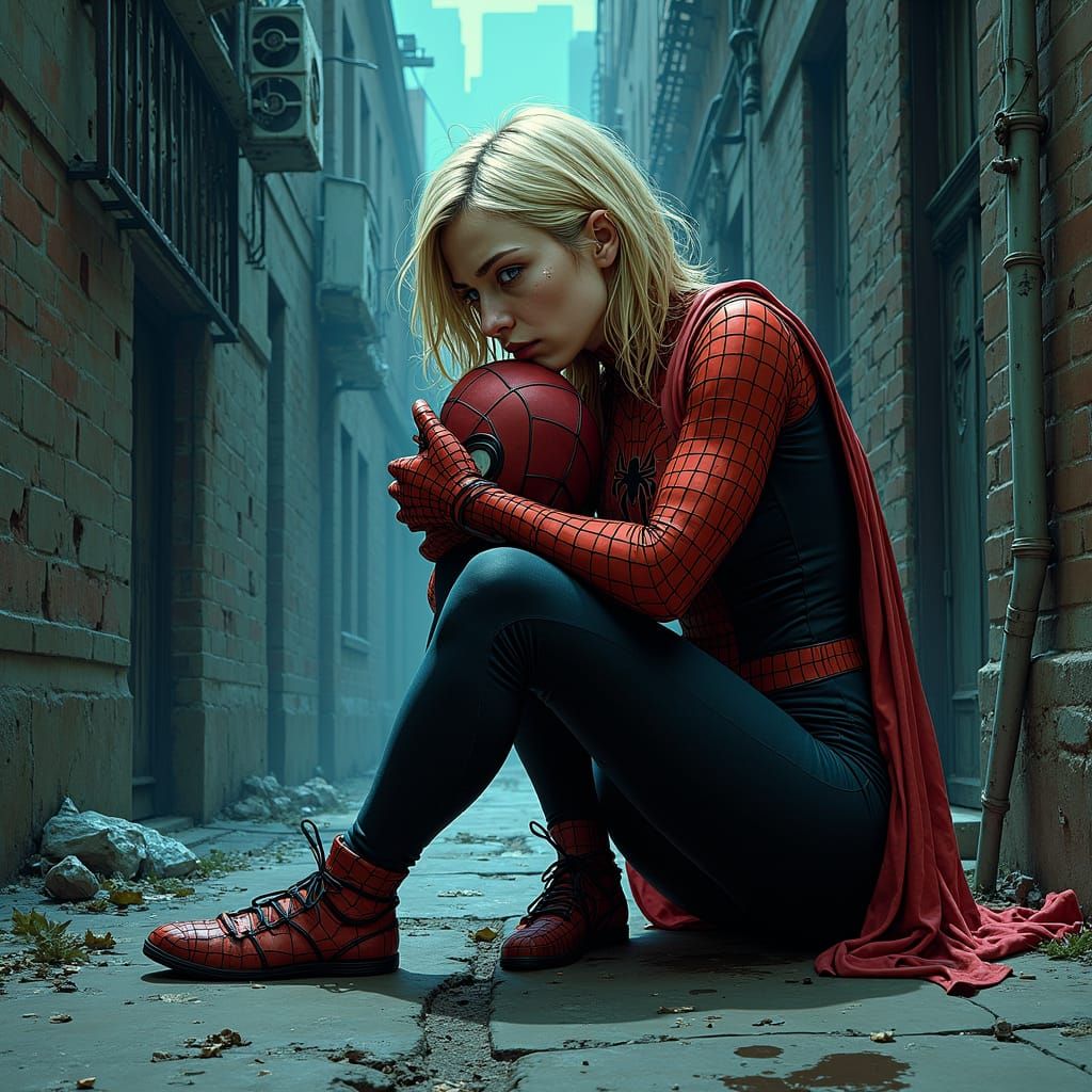 Distressed Gwen Stacy in Gritty Cyberpunk Alley