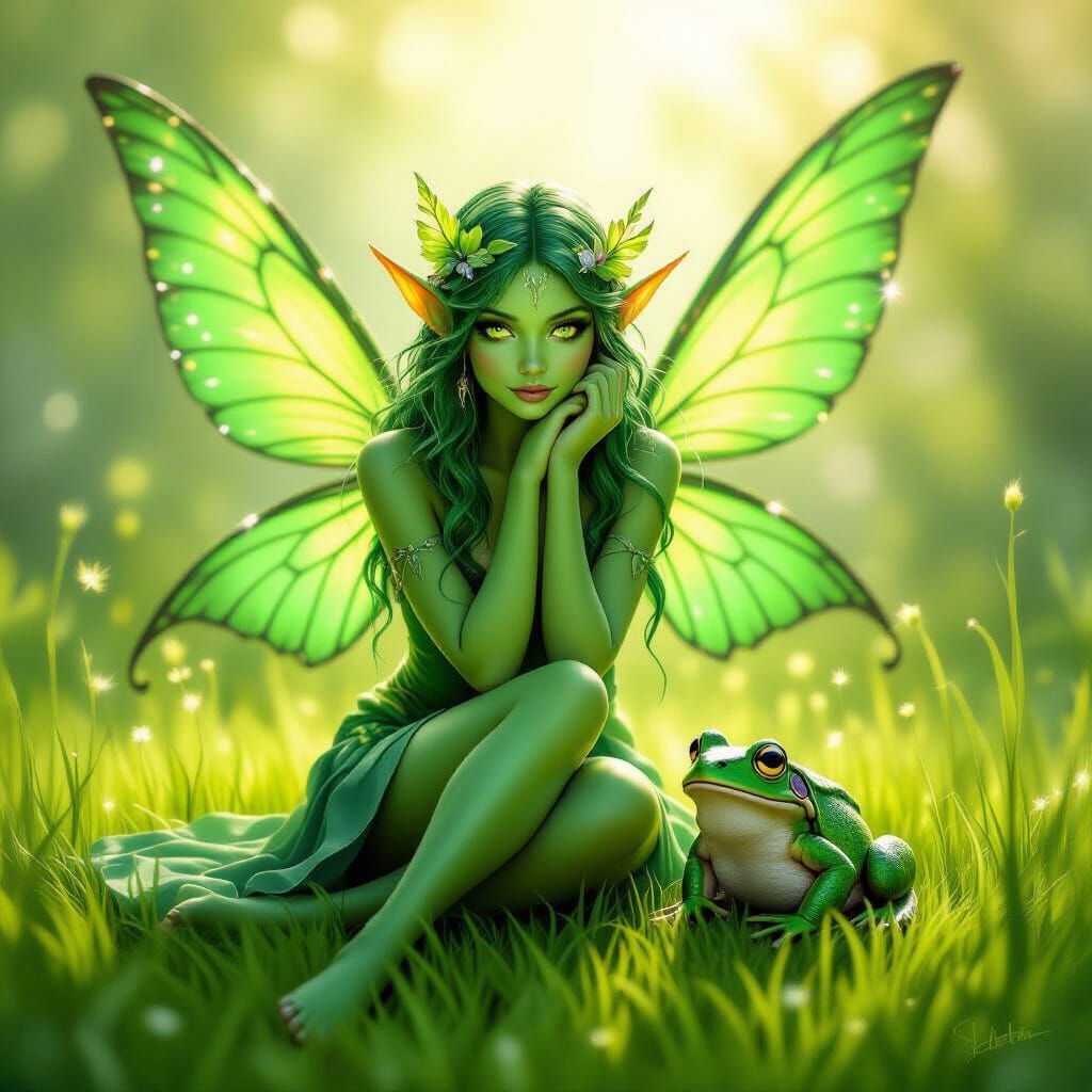 Green Fairy in a Magical Fantasy World: Oil Painting