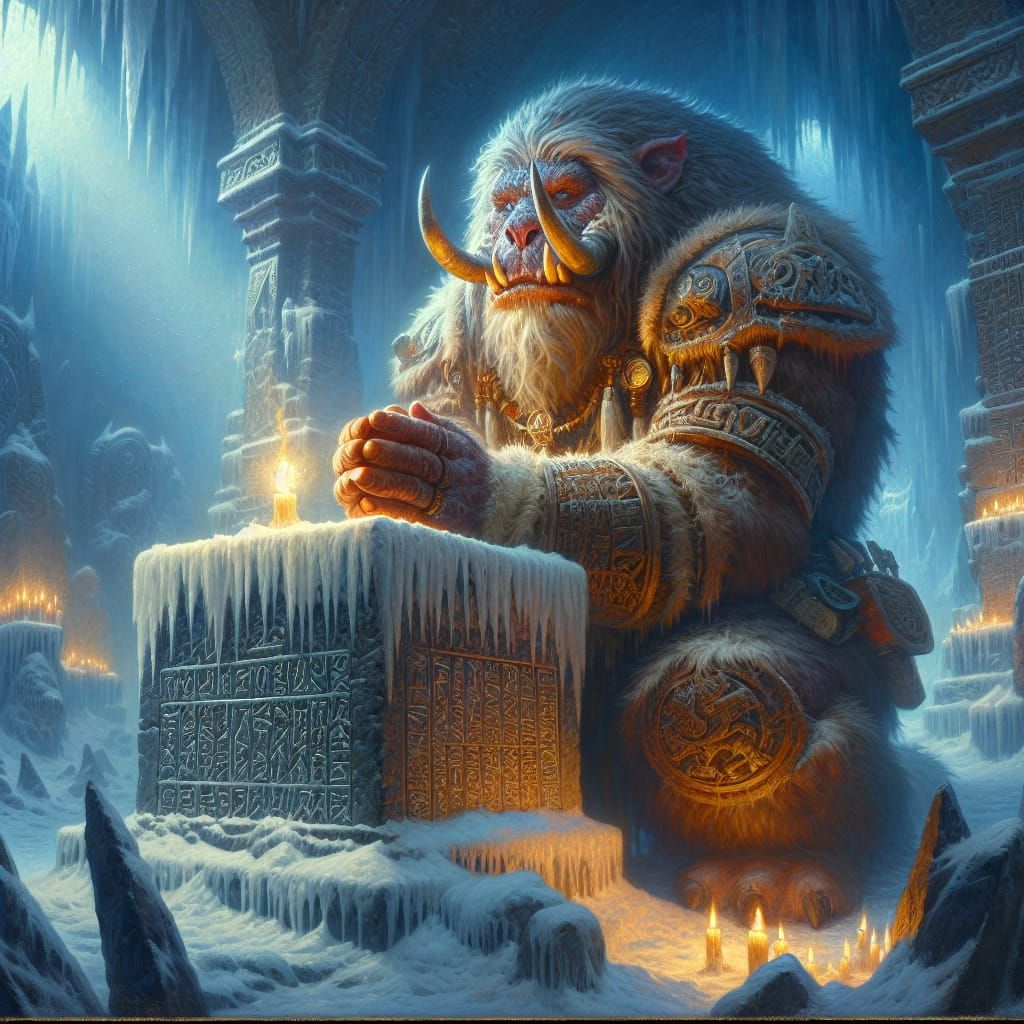 Bugbear Cleric Praying at Ice Altar in Realism Style