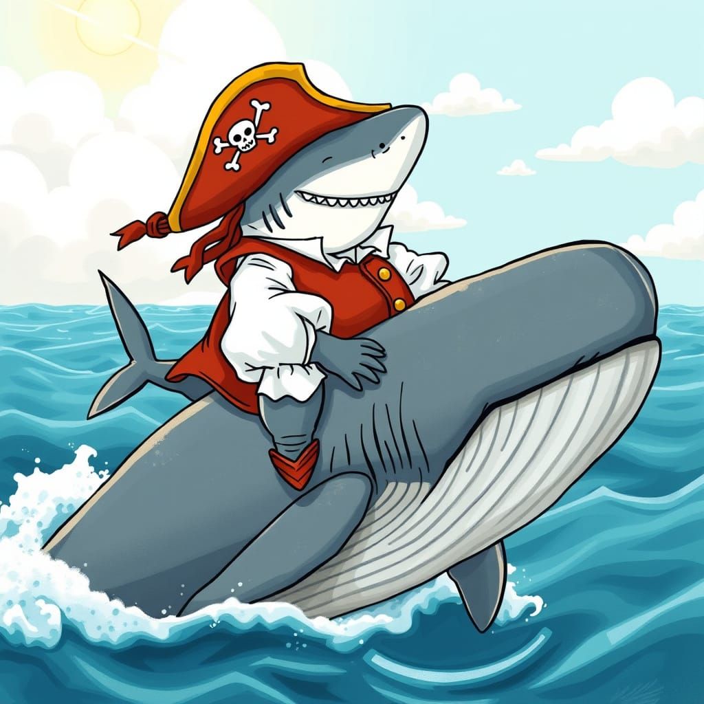 Pirate Captain Shark Rides Whale in Whimsical Ocean Scene