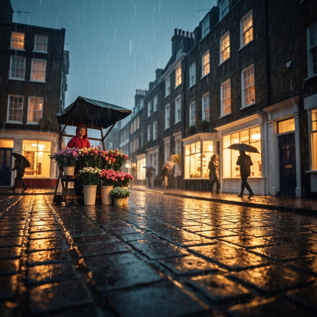 Rainy Night Flower Girl on Old London Street