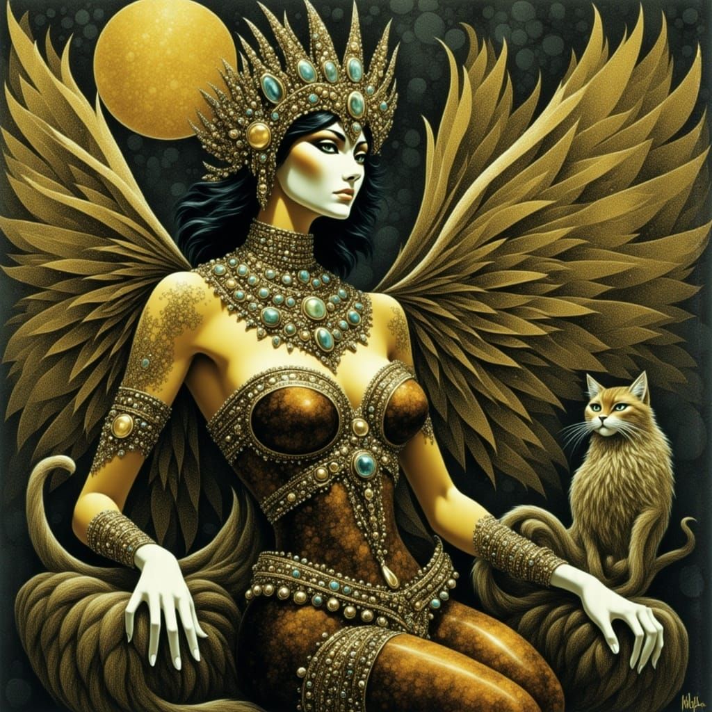 Whimsical Fusion of Feline and Avian Forms in a Psychedelic...