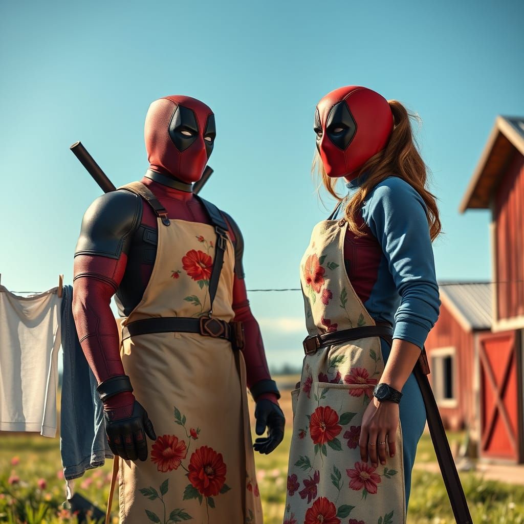 Deadpool and Jennifer Lopez in a Whimsical Farm Scene