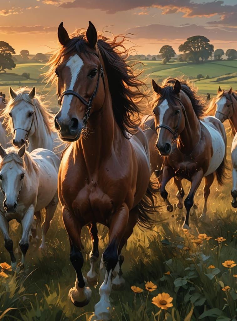 Horses Galloping at Sunset: Hyperdetailed Concept Art