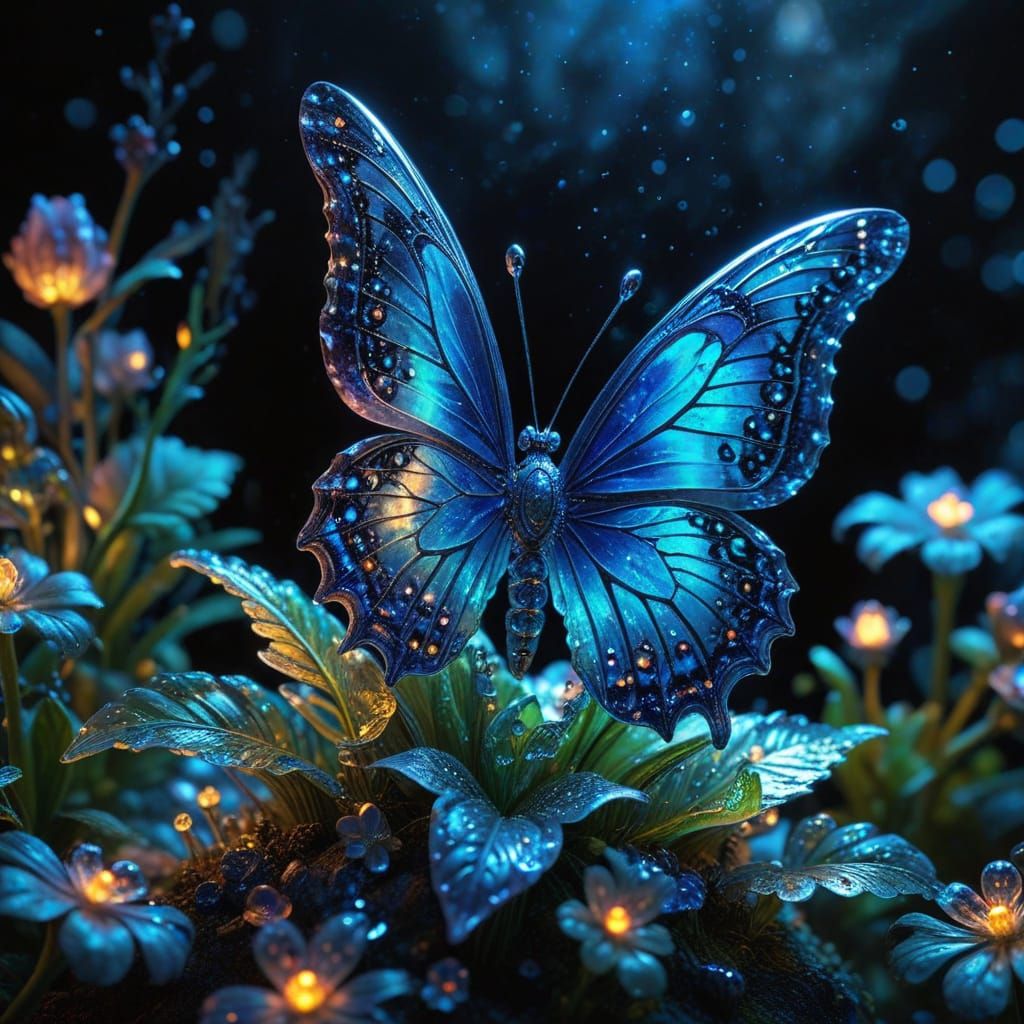 Crystallized Night Blue Butterfly Fantasy Art