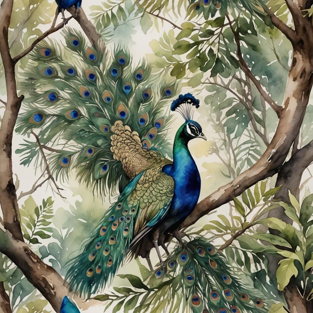 Watercolor Peacock in Natural Habitat