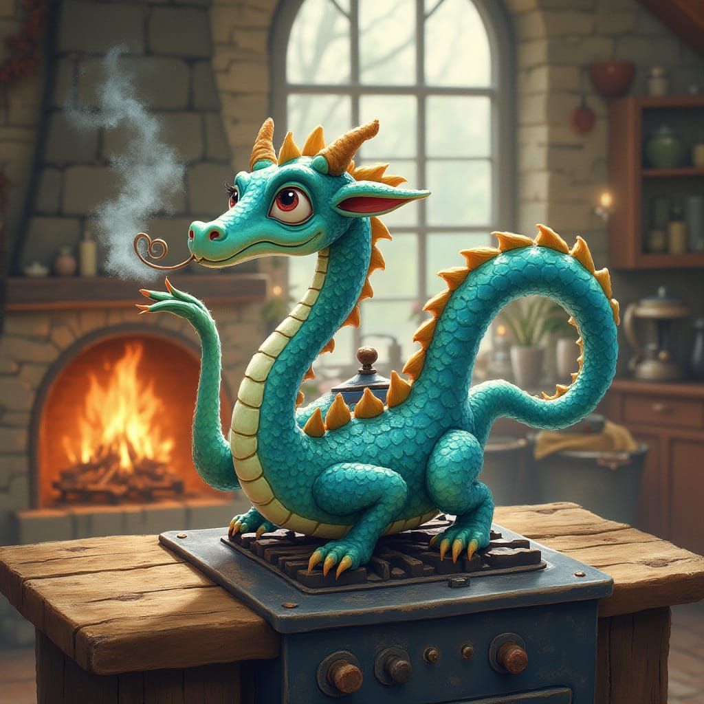 Whimsical Dragon Tea Kettle in Cozy Cottage Kitchen