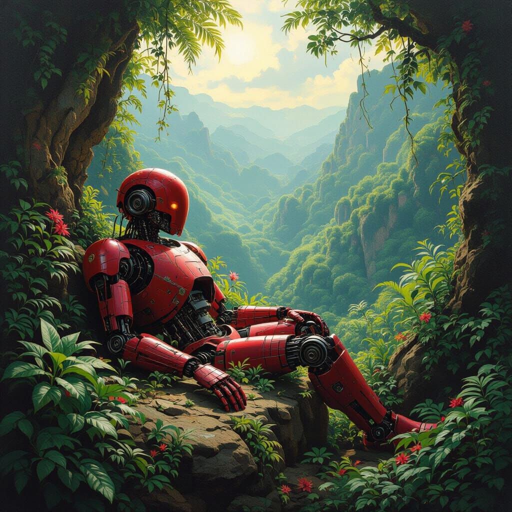 Derelict Robot in Surrealist Valley Oil Painting