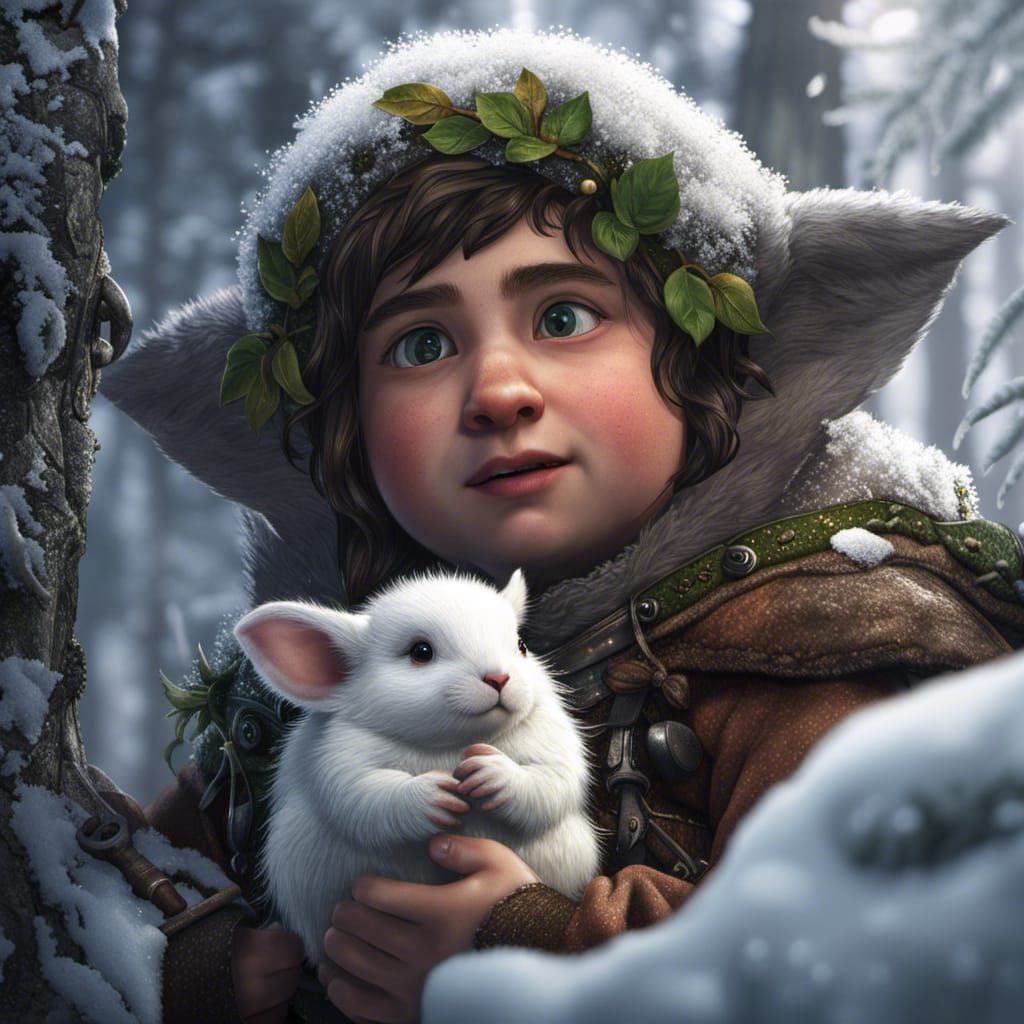 Halfling Druid and White Animal in Snowy Taiga