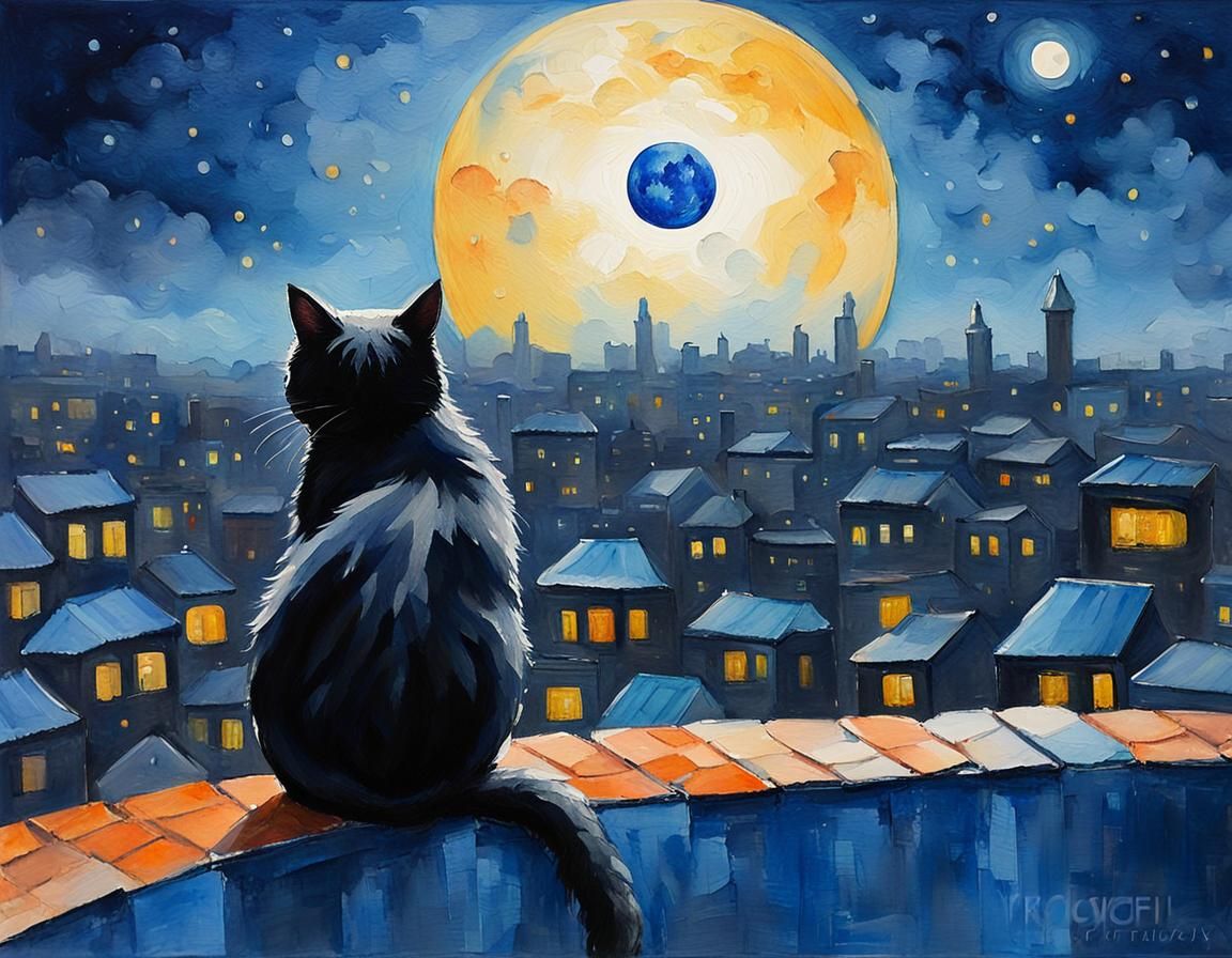 Moonlit Cat on Rooftop in Neo-Impressionist Style