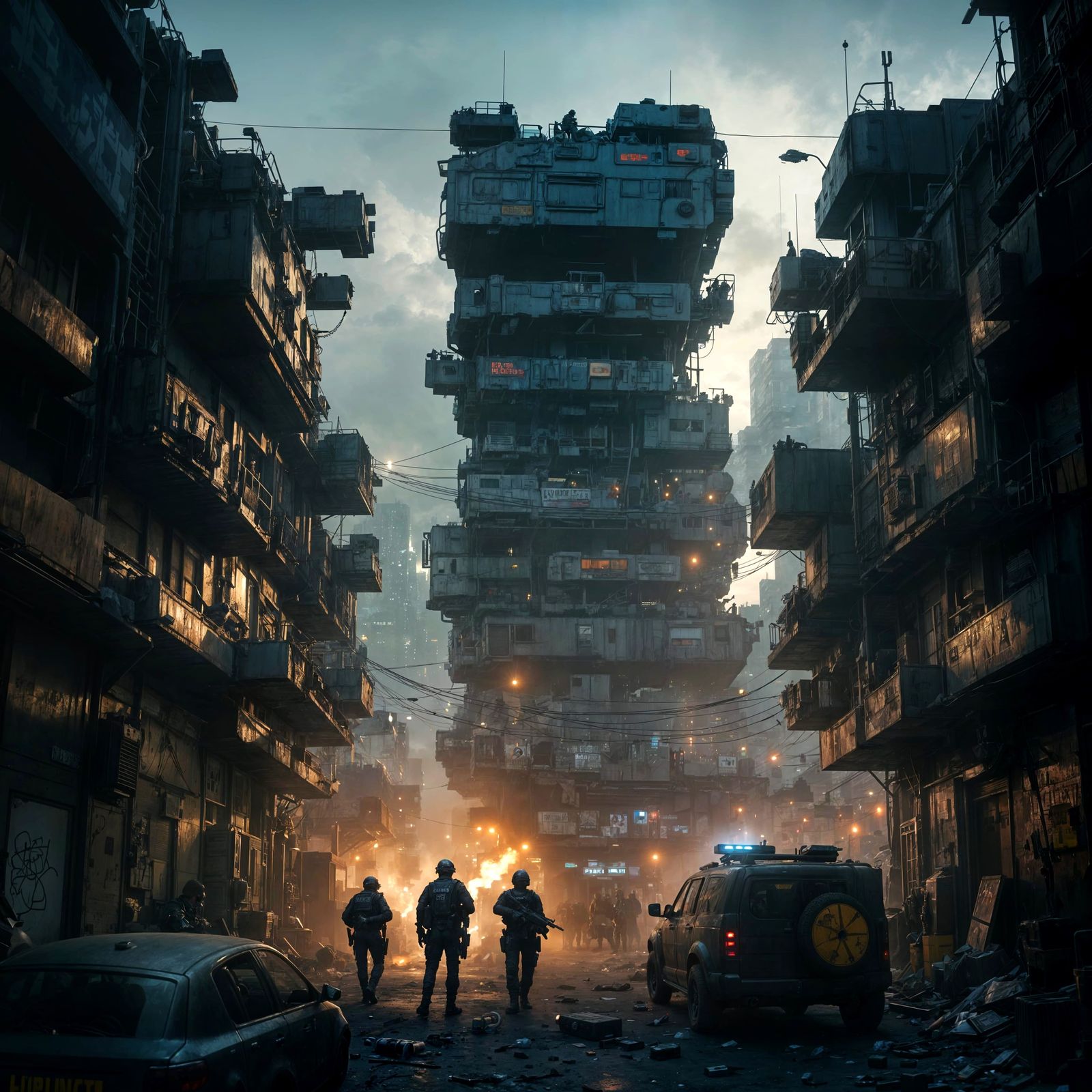 Cyberpunk Cityscape Under Siege