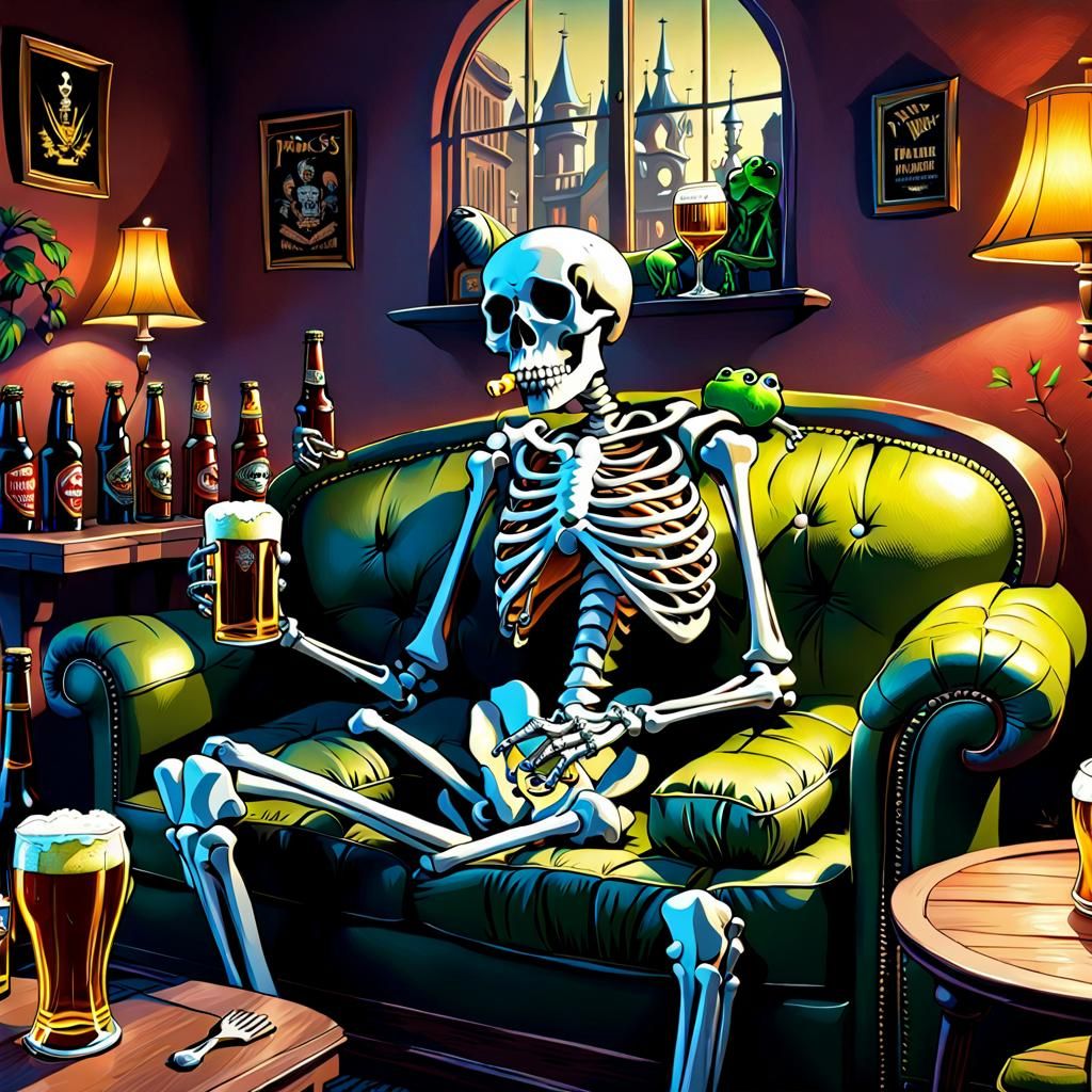 Sad Skeleton in Apartment, Disney Cartoon Style