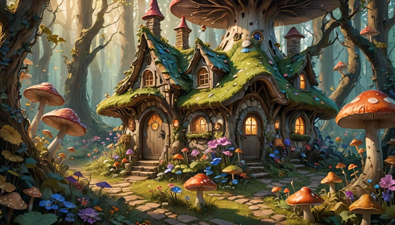 Enchanted Mushroom Cottage in Romantic Impressionism Style
