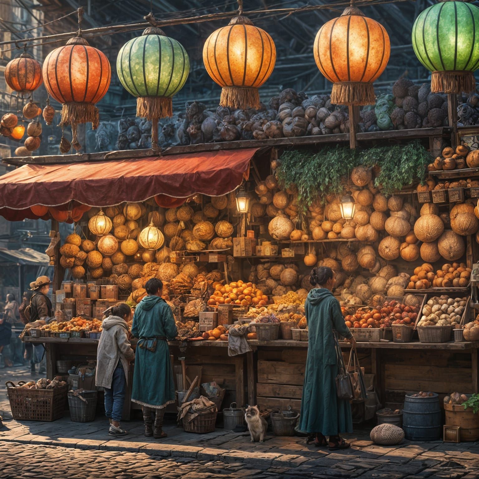 Vibrant Night Bazaar with Fantastical Creatures