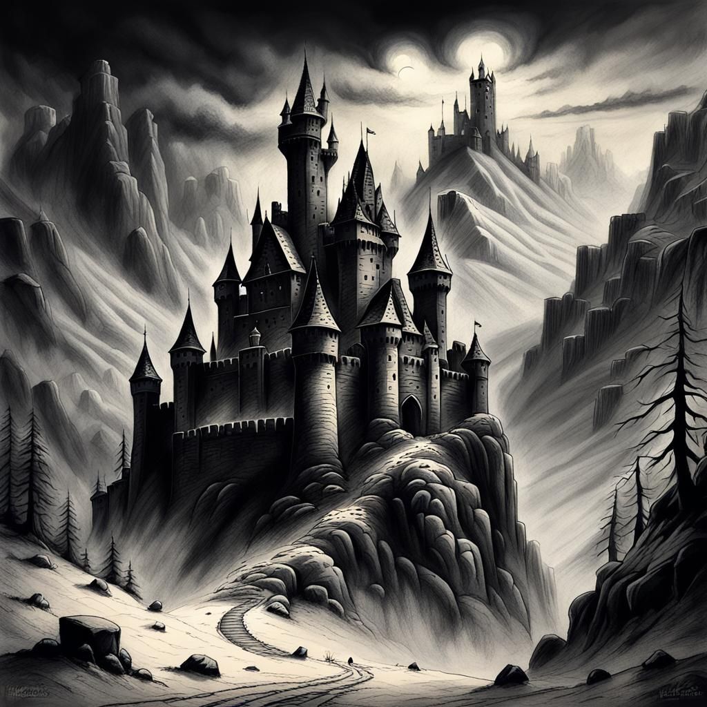 Snowy Dark Fantasy Castle in Charcoal Pencil Style