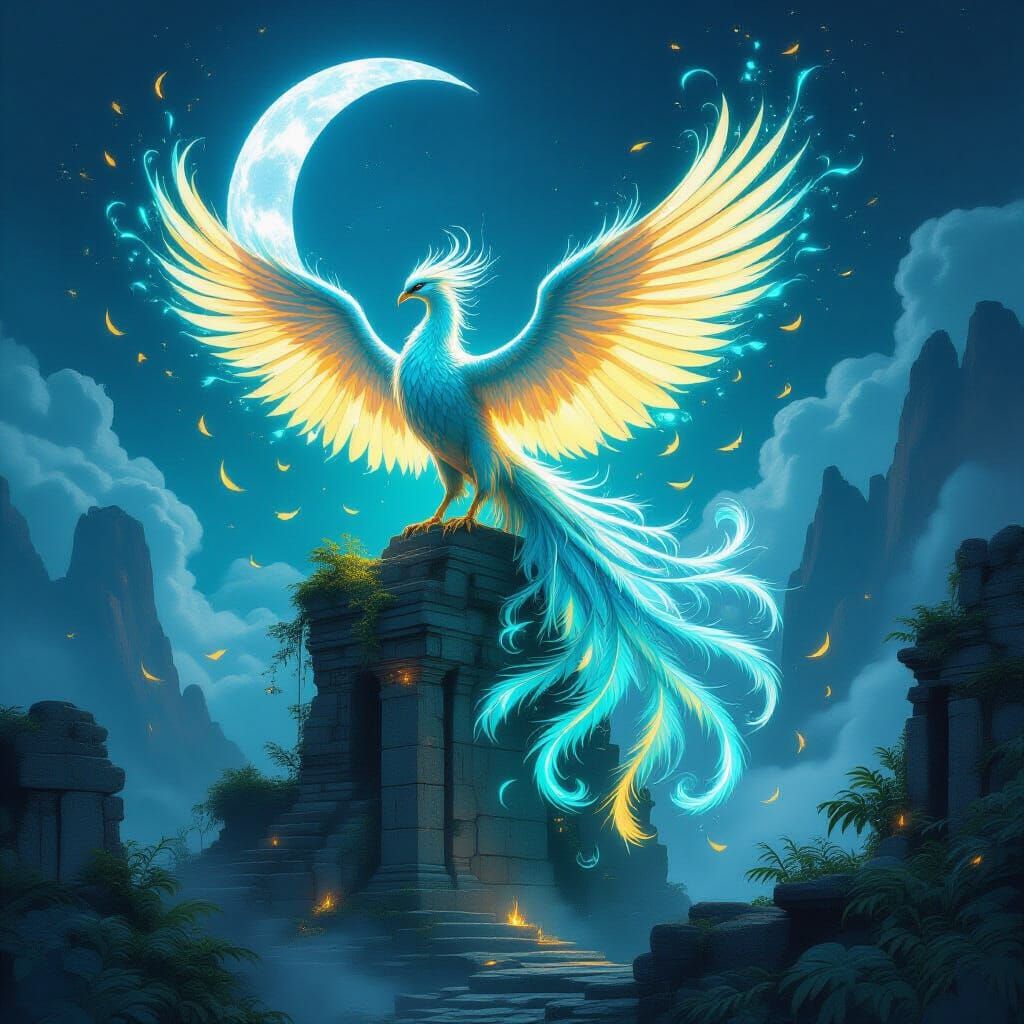 Majestic Phoenix on Ancient Ruin Under Twin Moons