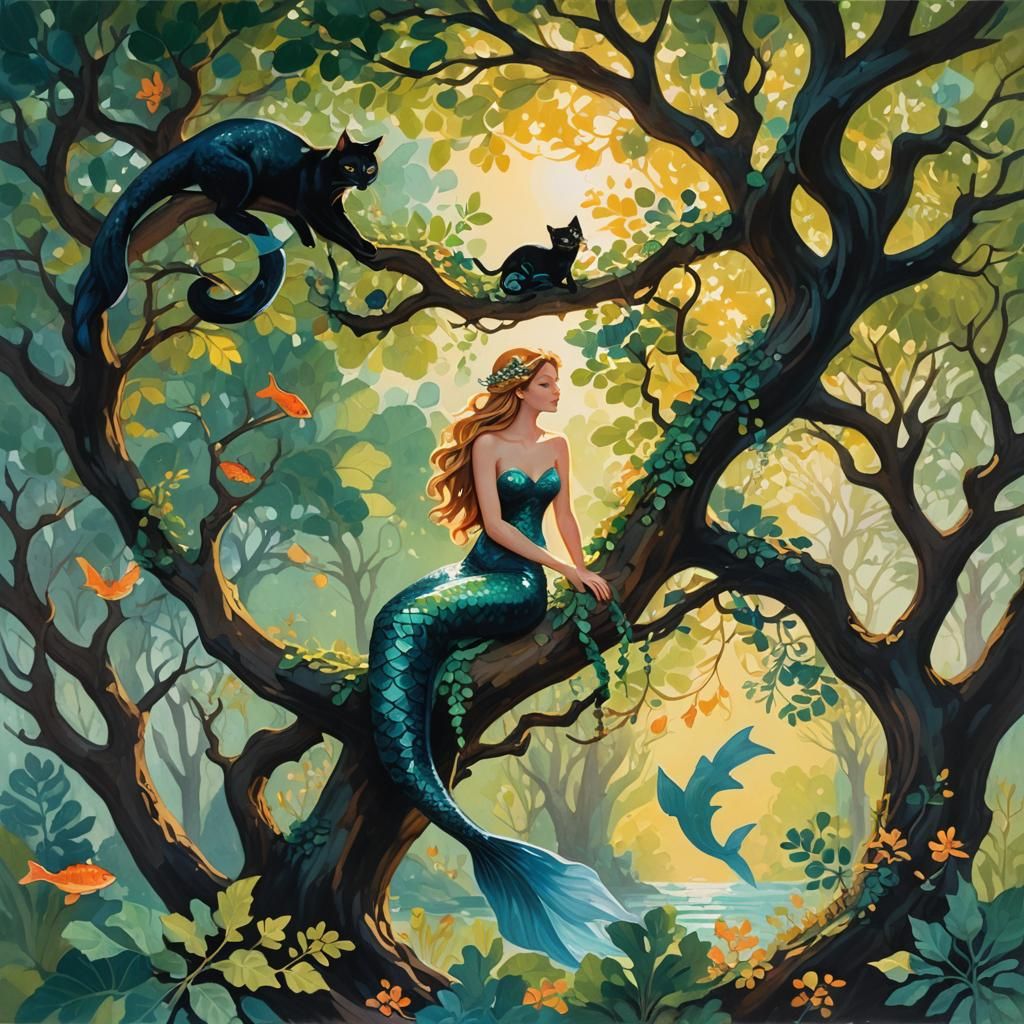 Mermaid and Cat in Impressionist Gouache Style