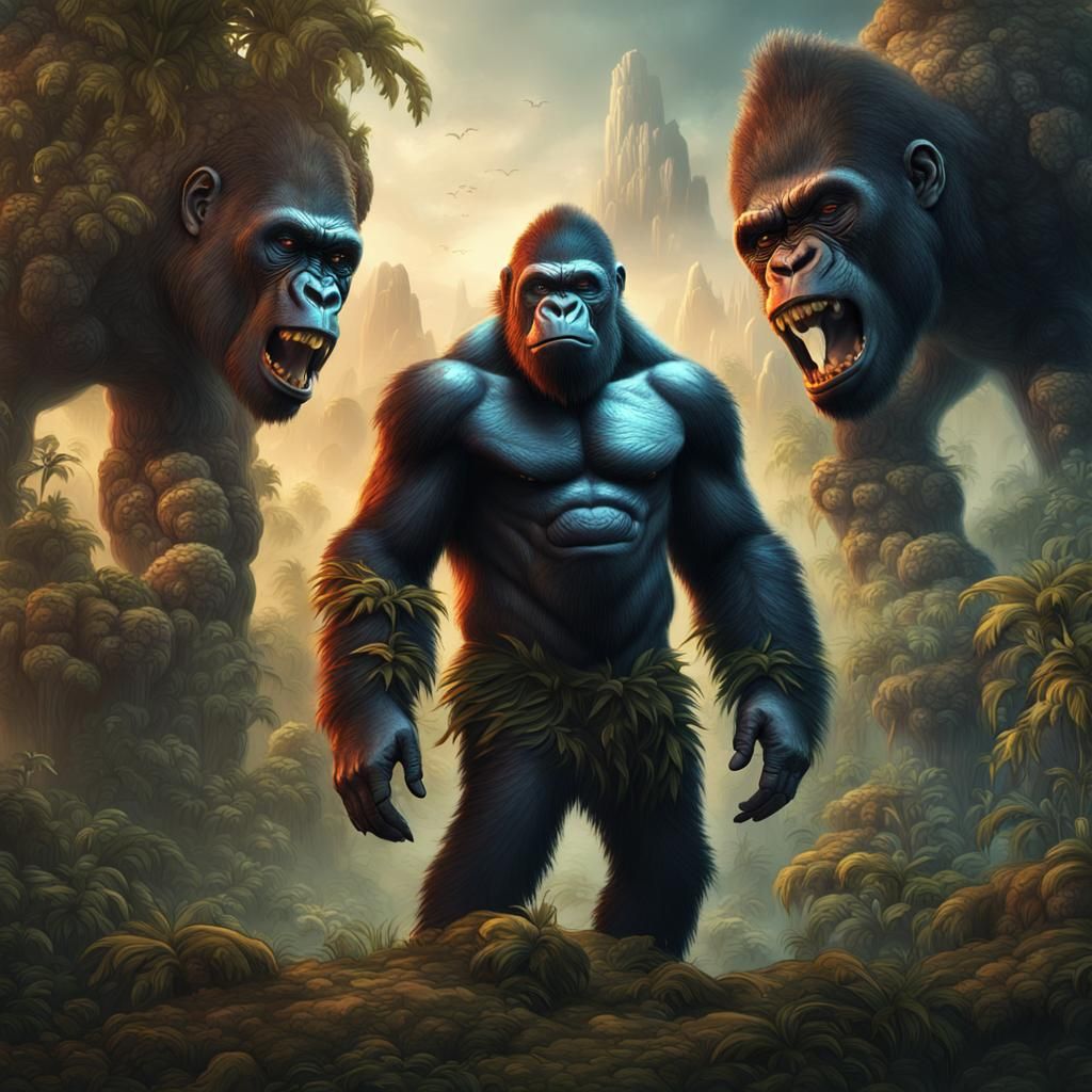 Fantastical Man with Gorilla Head in Detailed Painting