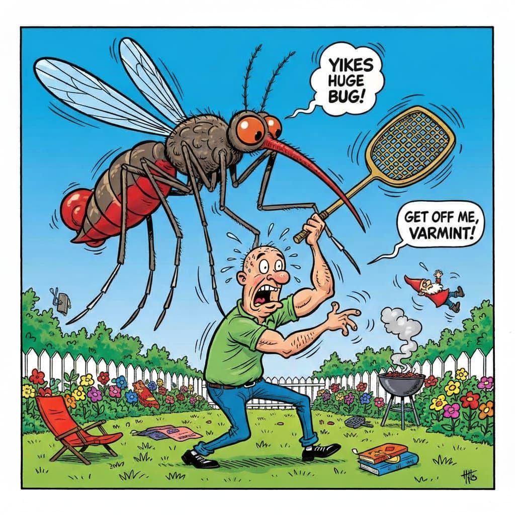 Giant Mosquito Attacks Man in Chaotic Cartoon Backyard