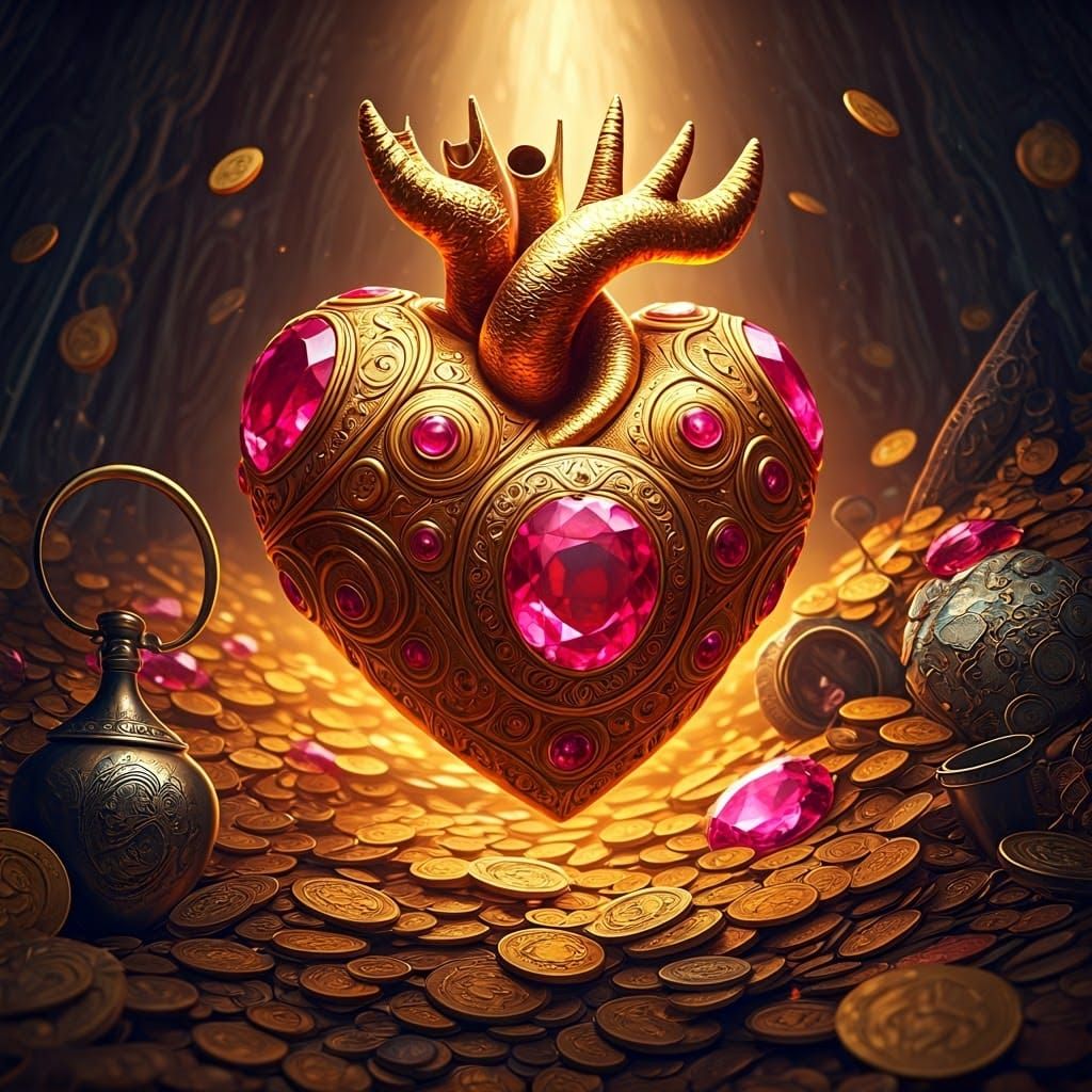 Ornate Golden Heart in Dragon's Lair, Art Nouveau Style