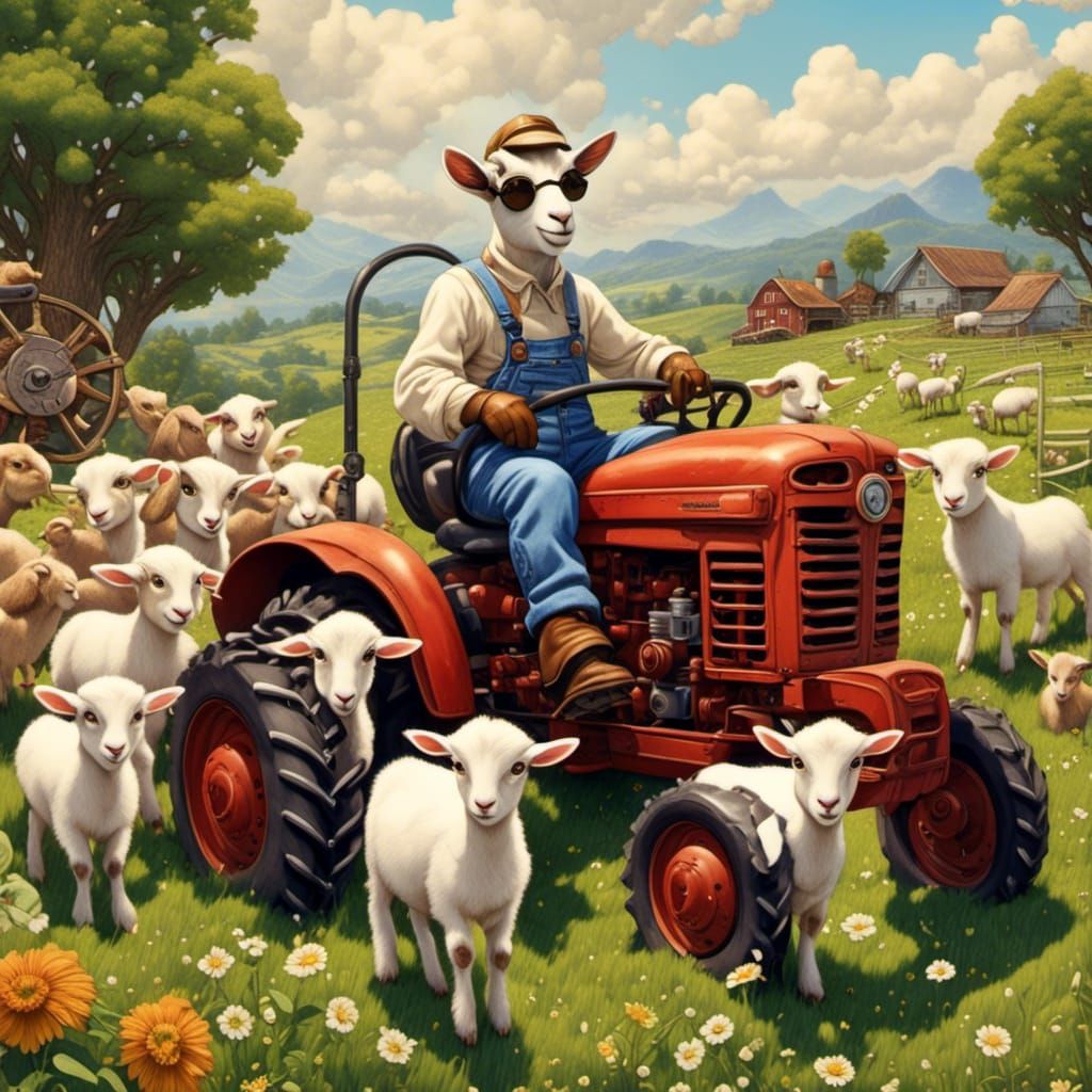 Anthro Goat Rides Tractor on Fantasy Farm