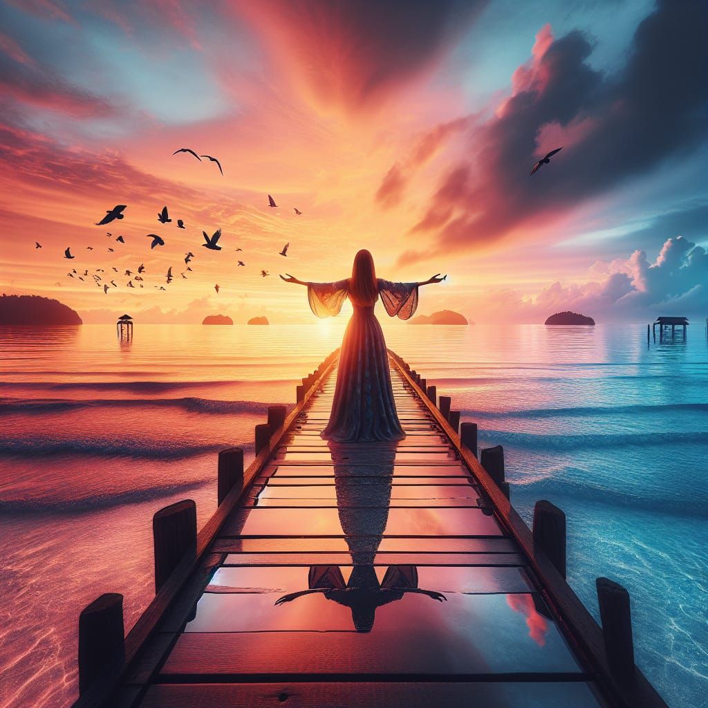 Hyperrealistic Ocean and Land Sunset Panorama