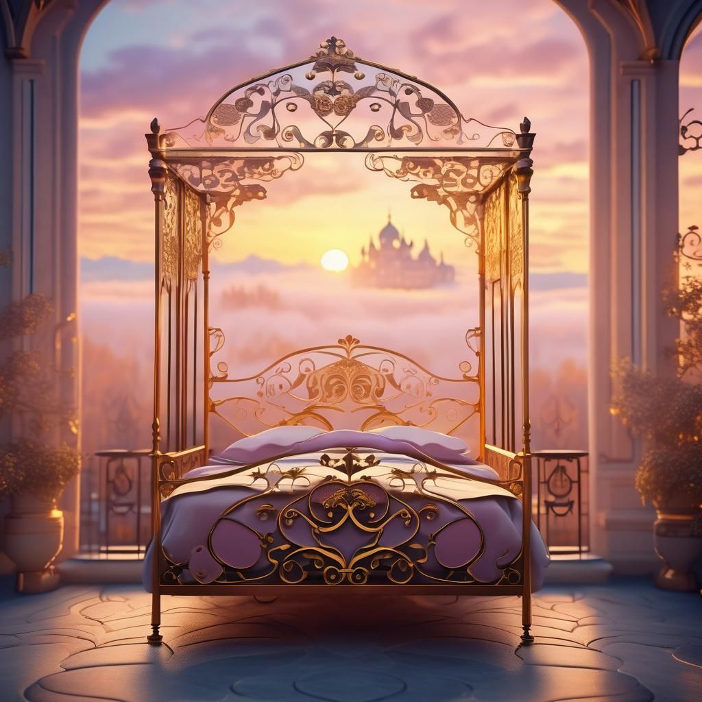 Wrought-Iron Bed Floating Above Clouds at Sunrise