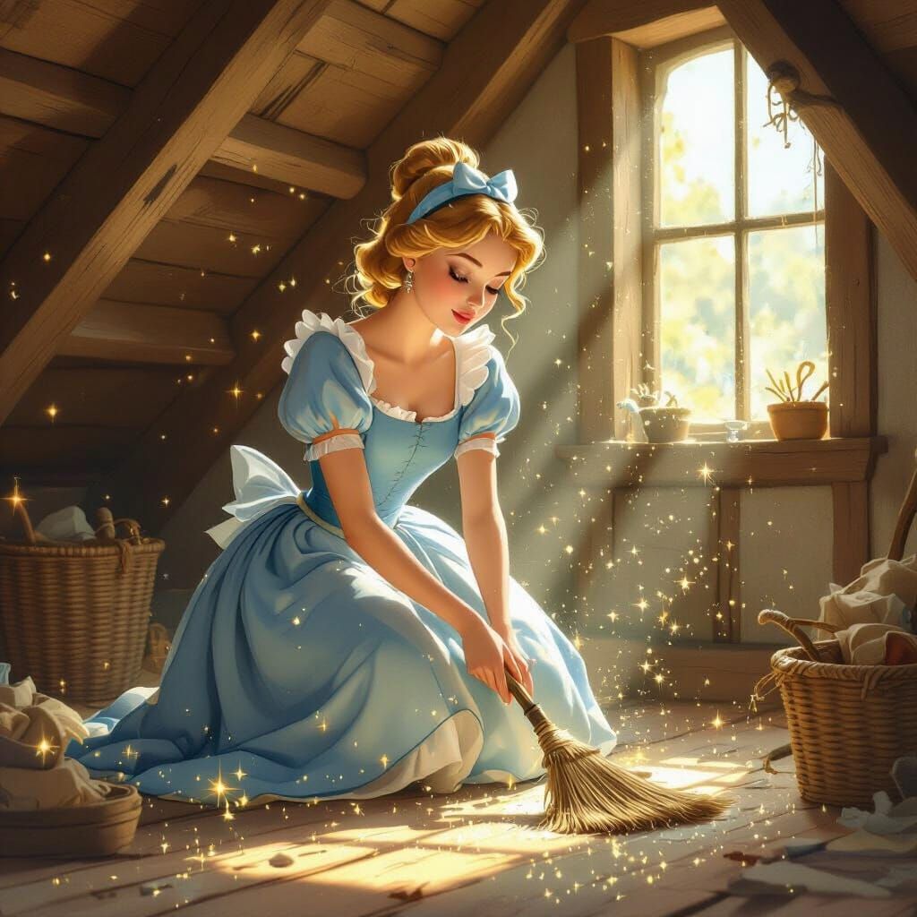 Cinderella Sweeps Attic in Luminous Storybook Style