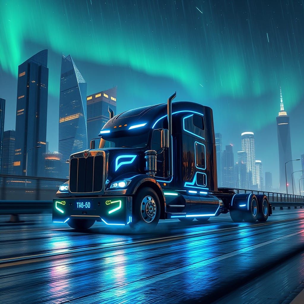 Electric Semi-Truck Drives Through Neon Cityscape Under the...