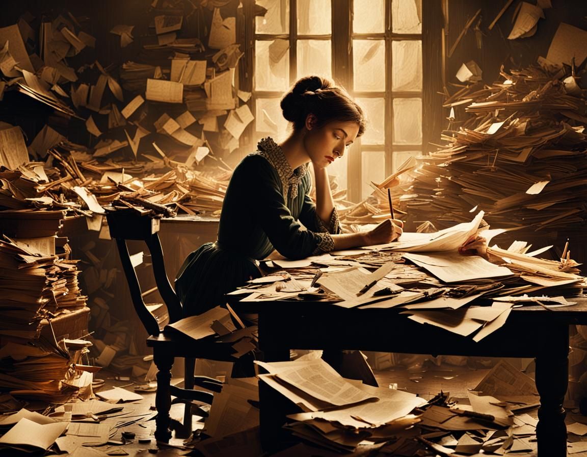 Dramatic Baroque Woman at Cluttered Desk