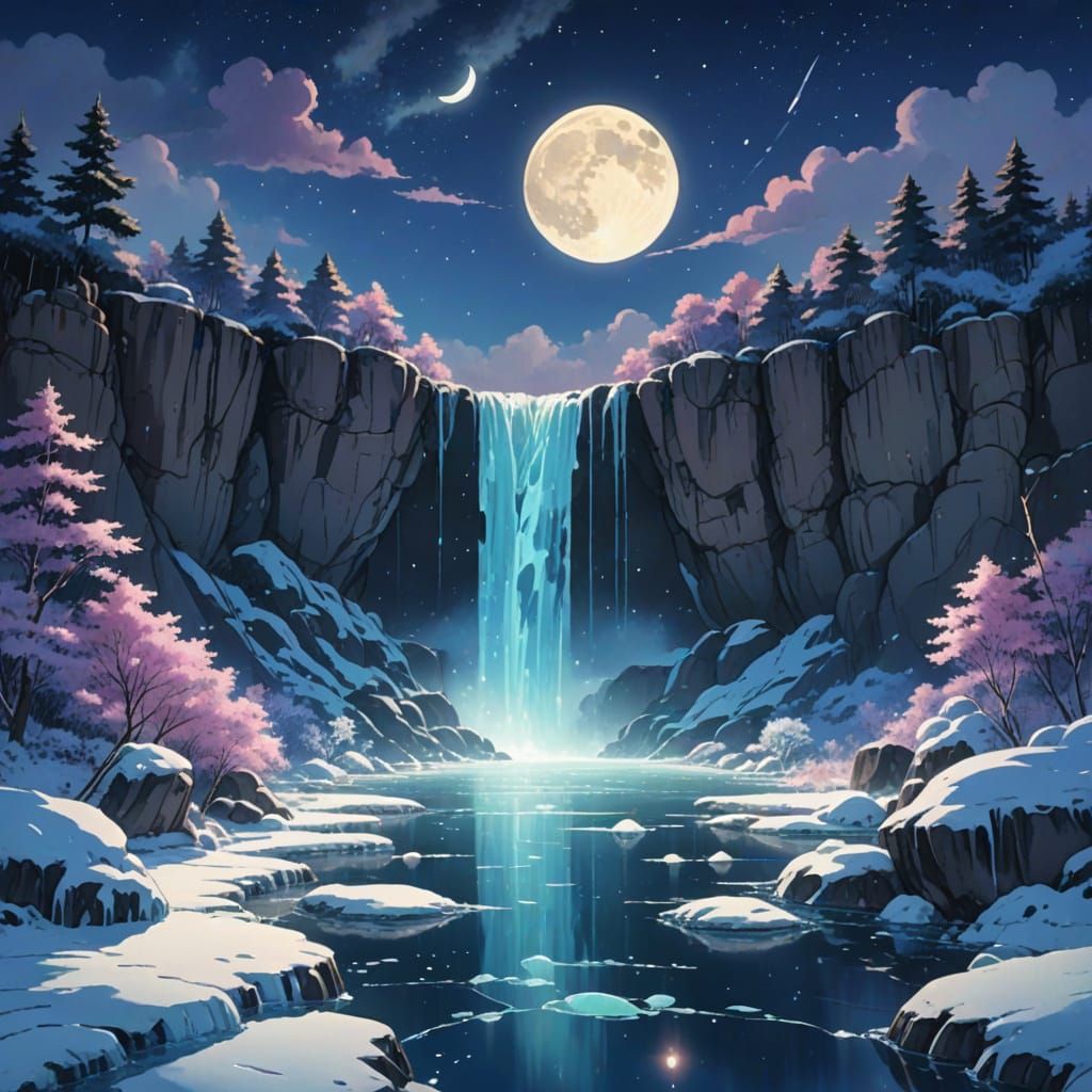 Watercolor Masterpiece: Icy Waterfall under Starry Night Sky