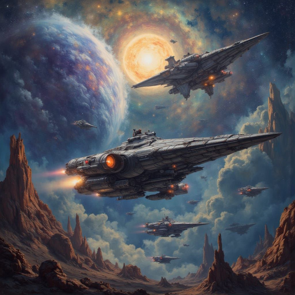 Metallic Spacecraft Near Alien Station in Oil Painting Style