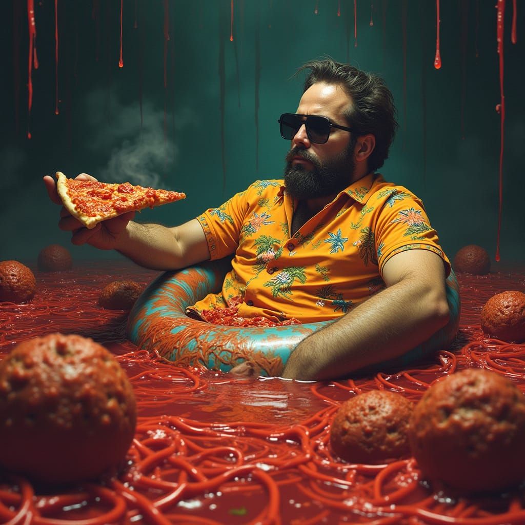 Man on Float Eating Pizza in Spaghetti Pool