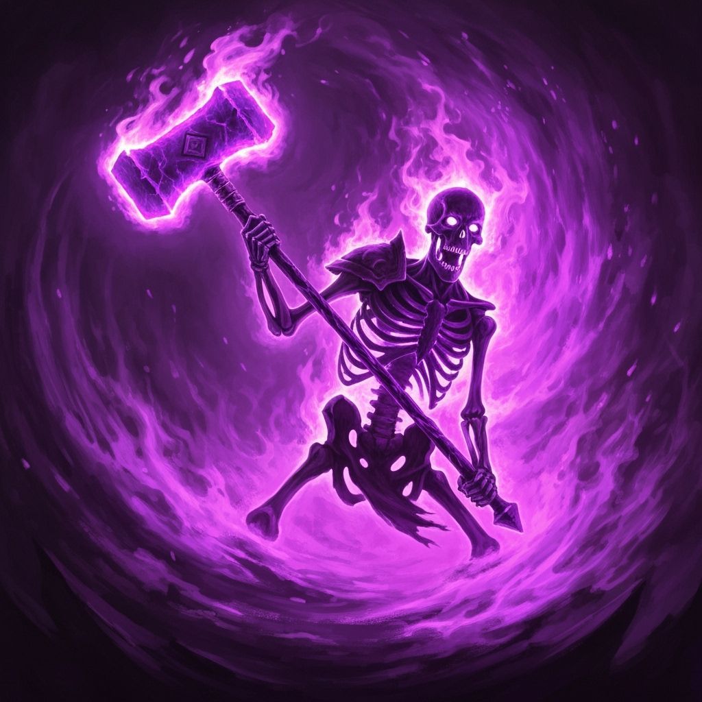 Skeleton Warrior Wielding Fiery Purple Hammer