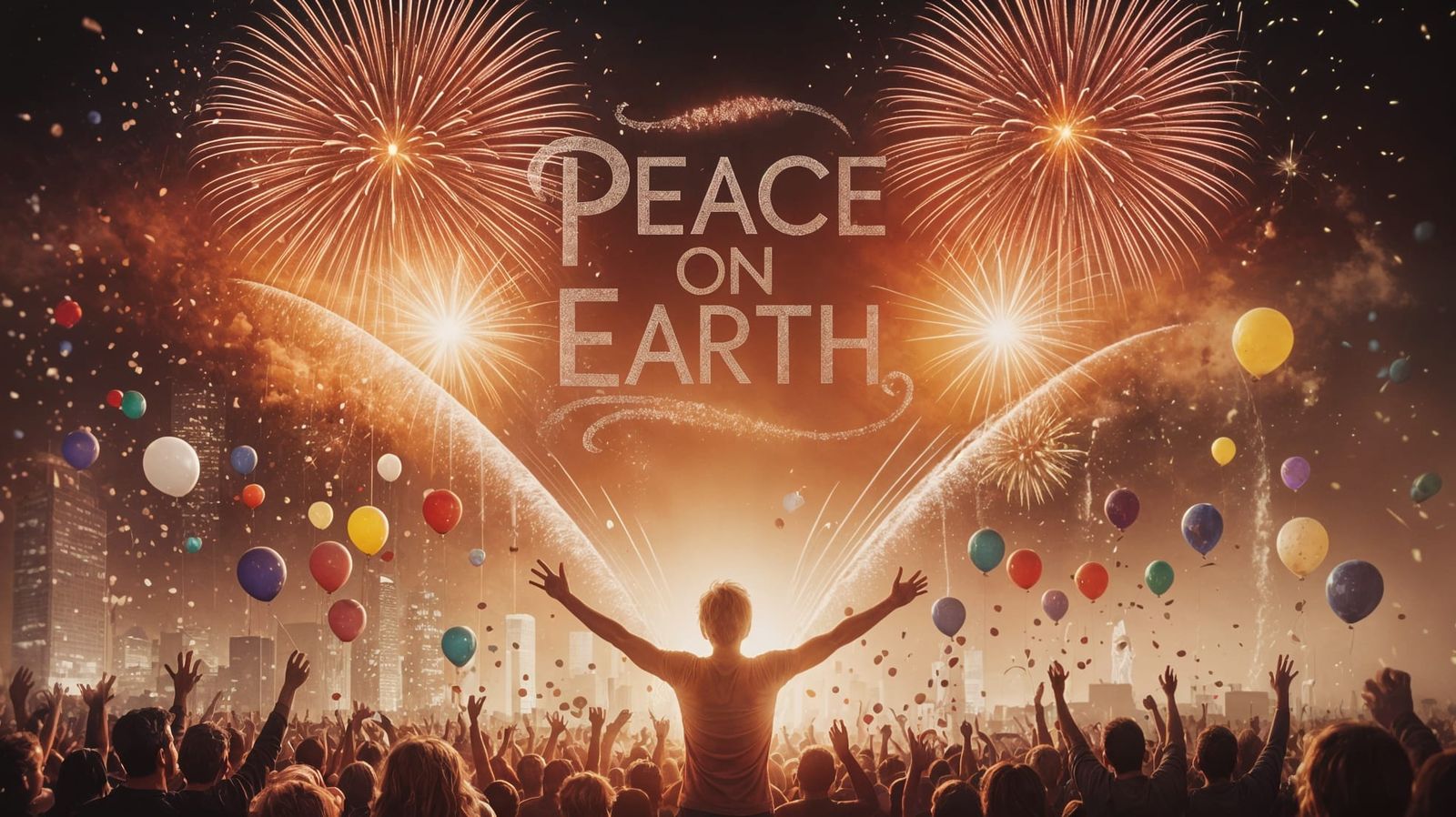 Peace on Earth Fireworks Display Over Cityscape