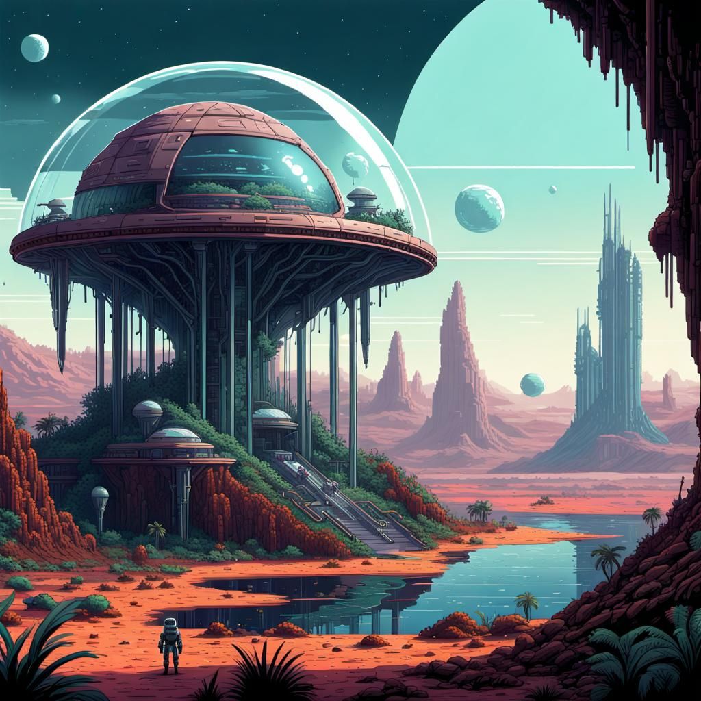 Futuristic Colony Under Glass Dome: 8-bit Pixel Art