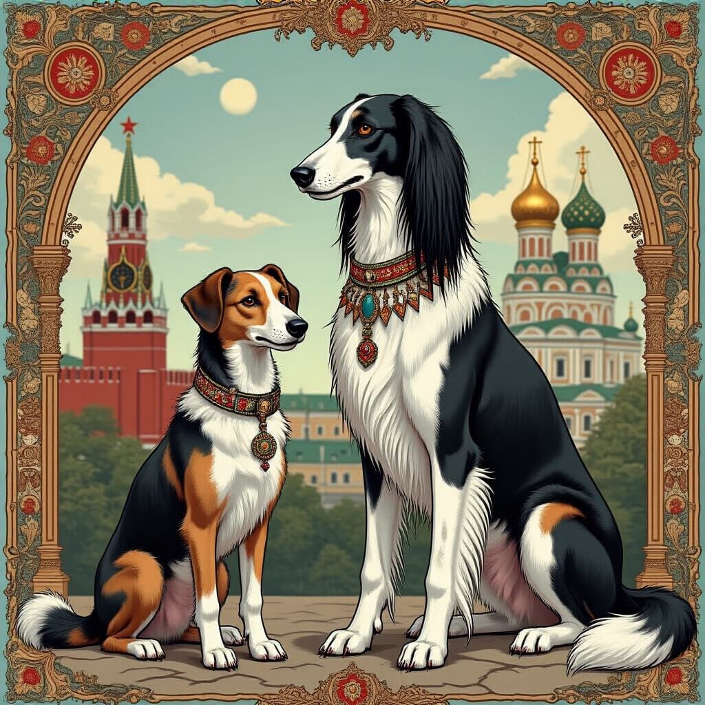 Laika and Borzoi Beside Tsarist Architecture
