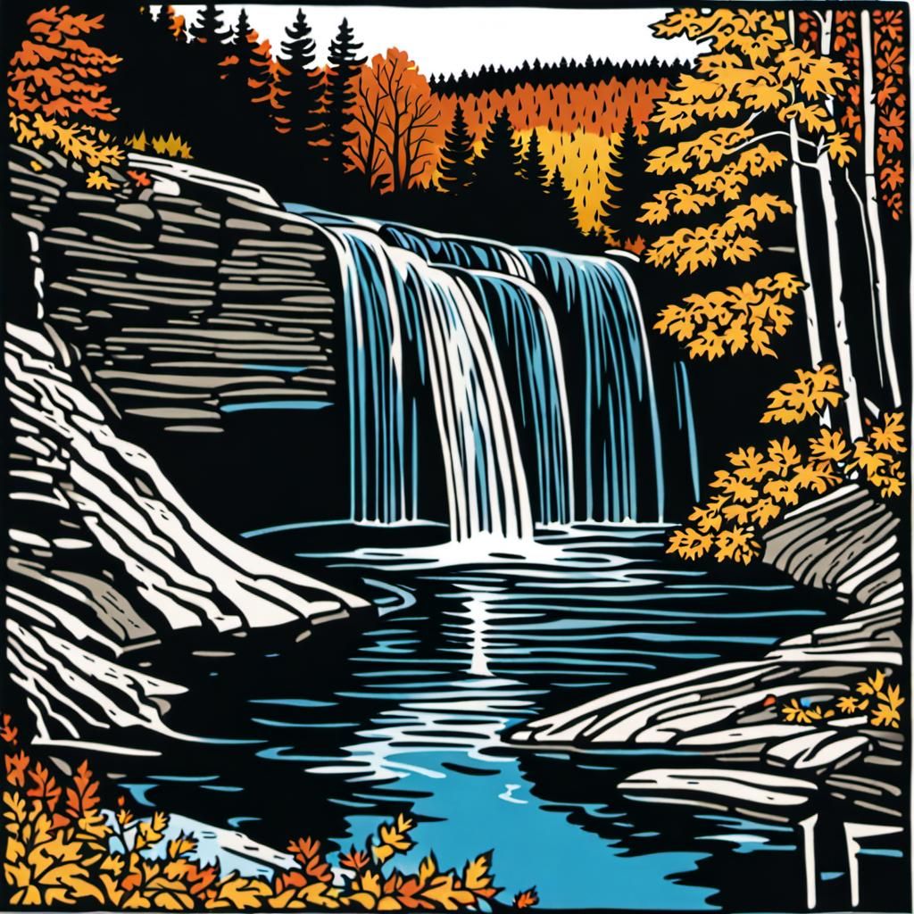 Buttermilk Falls Woodcut in Autumn, Vermont