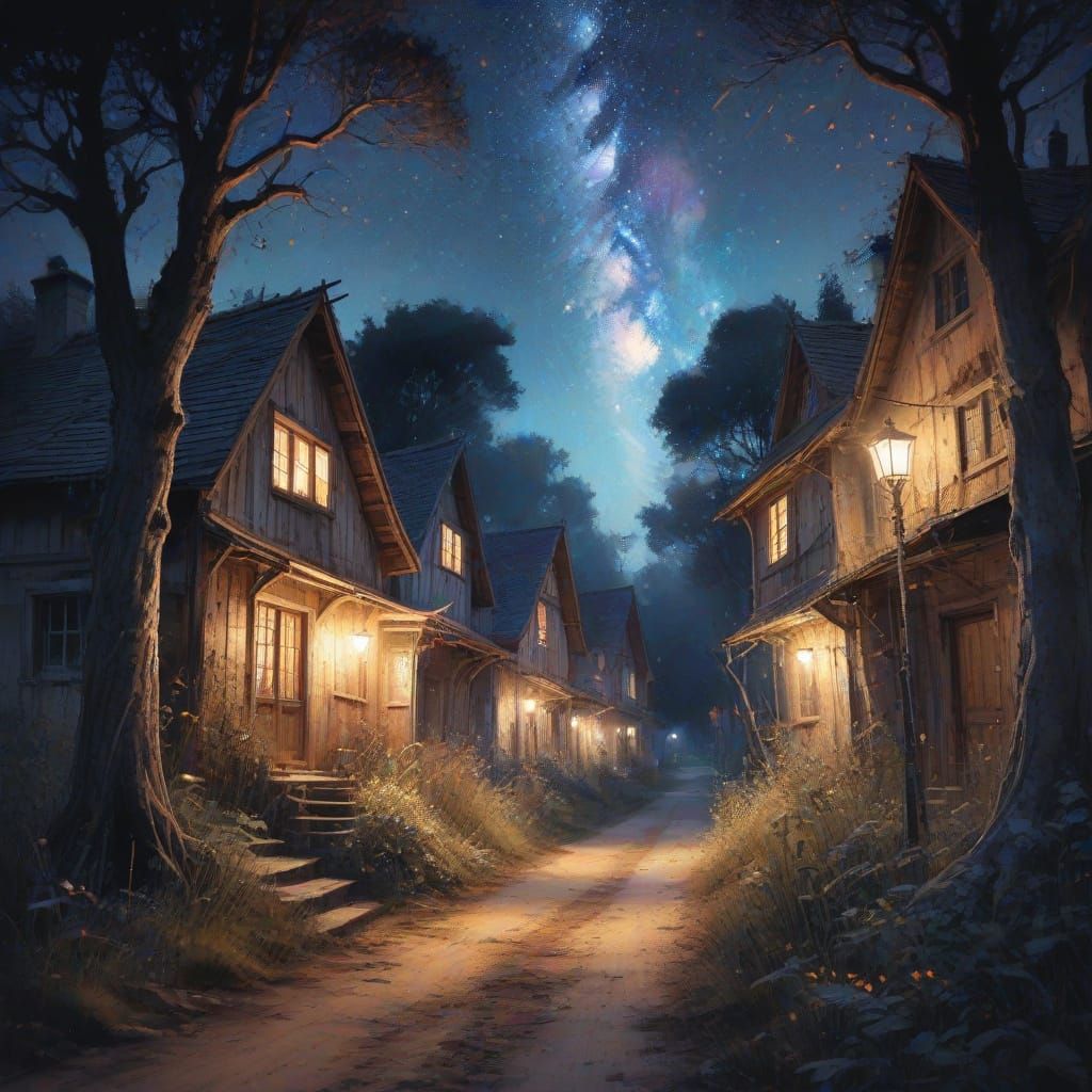 Medieval Village with Cosmic Tree in Watercolor Style