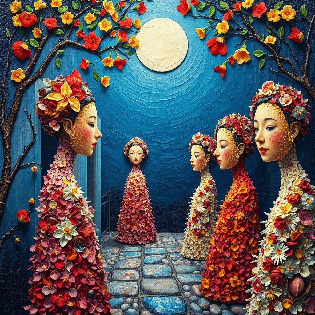 Ethereal Korean Women in a Moonlit Garden