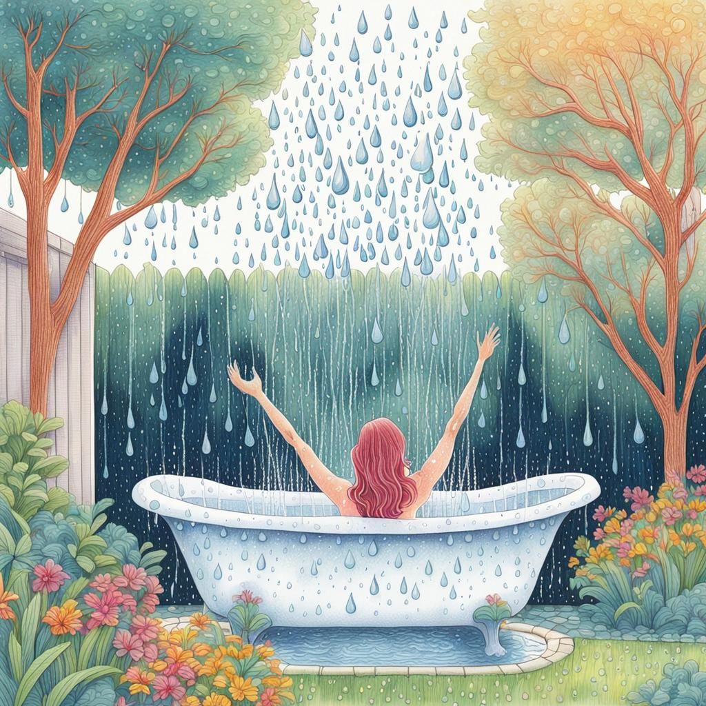 Raindrops on Bathtub: Whimsical Colored Pencil Doodle