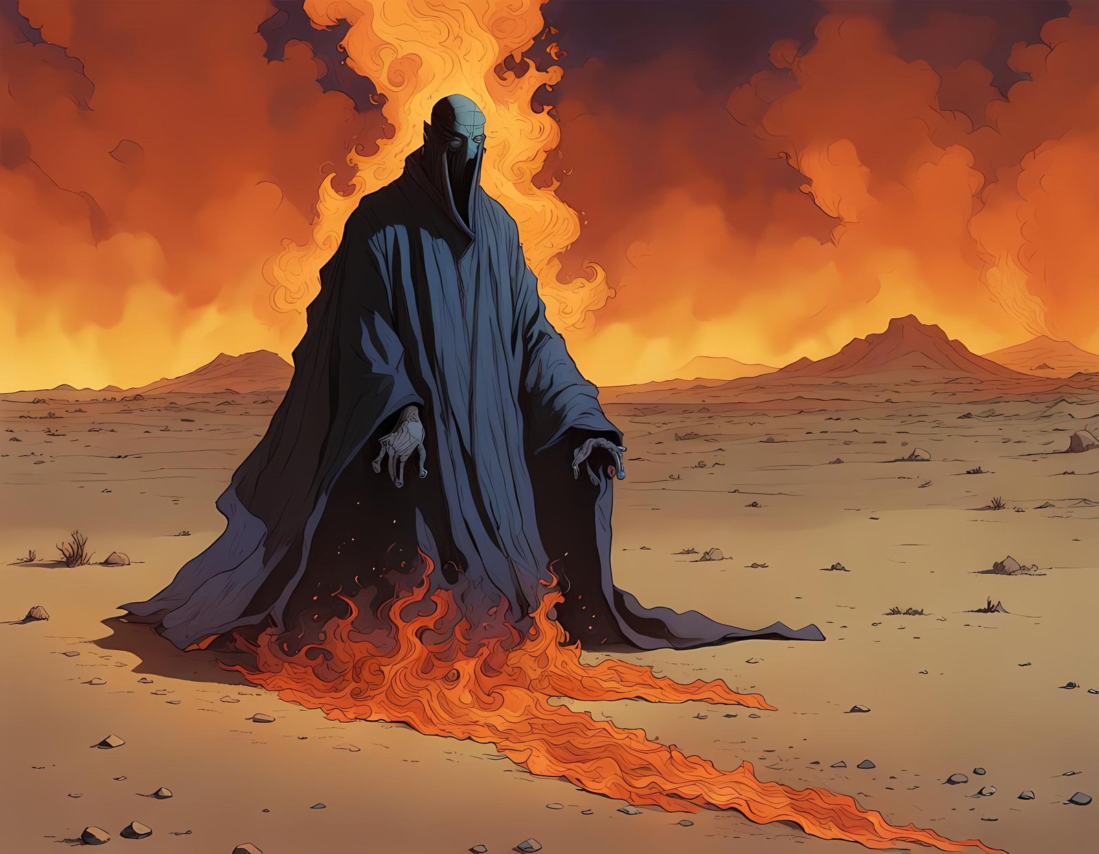 Moebius-Inspired Fire Spirit in Desert Night