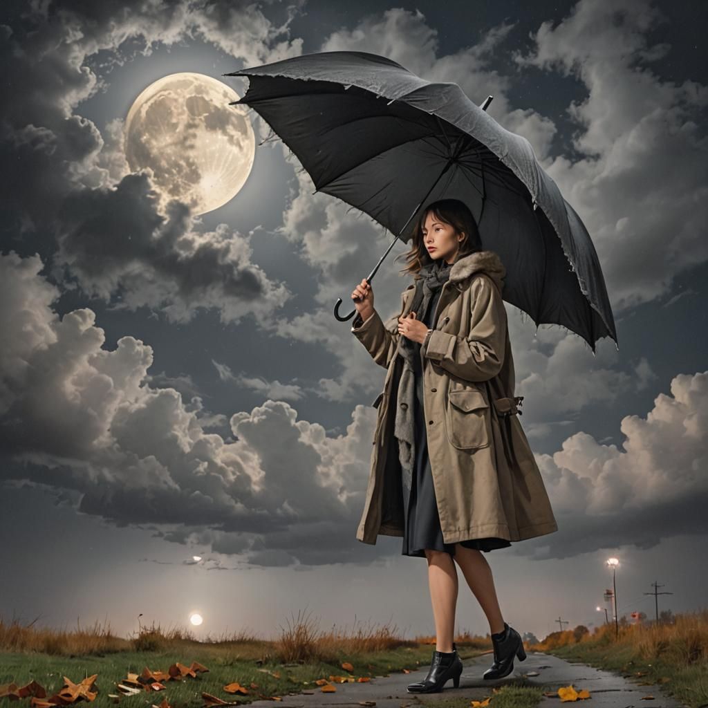 Autumn Night: Woman Under Moonlit Umbrella