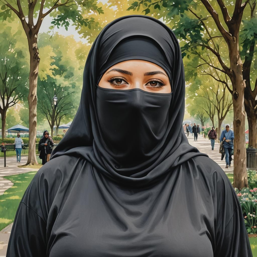Niqabi Woman Portrait in Park, Detailed Digital Painting