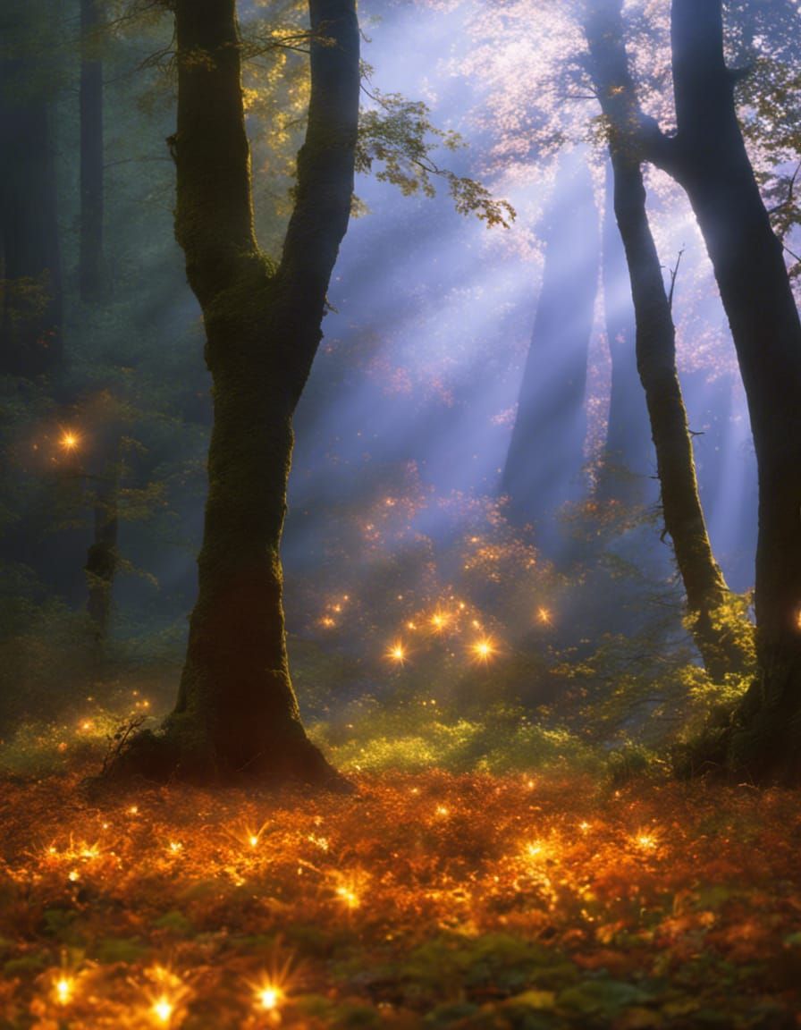 16k resolution, an enchanted forest glade, bathed in the soft glow of a setting sun, where leaves and petals shimmer wit...